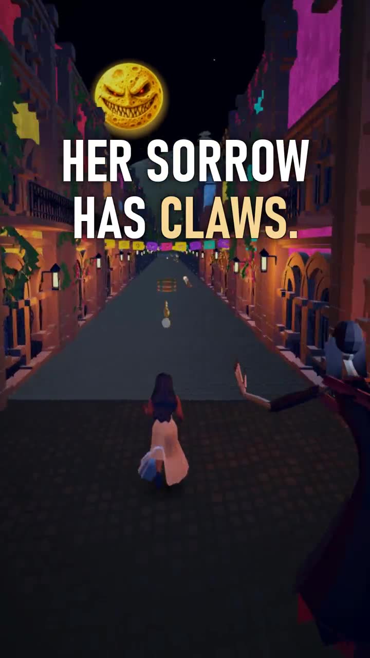 Bruja Run gameplay: La Bruja running through a candle-lit pueblo at night