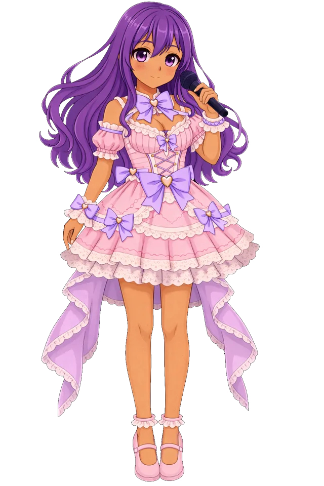 Irela, an anime character with long purple hair holding a microphone