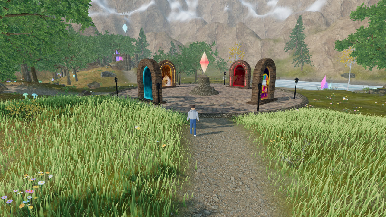 The Portal World by day: a rune-carved plaza ringed by glowing portals in a green valley