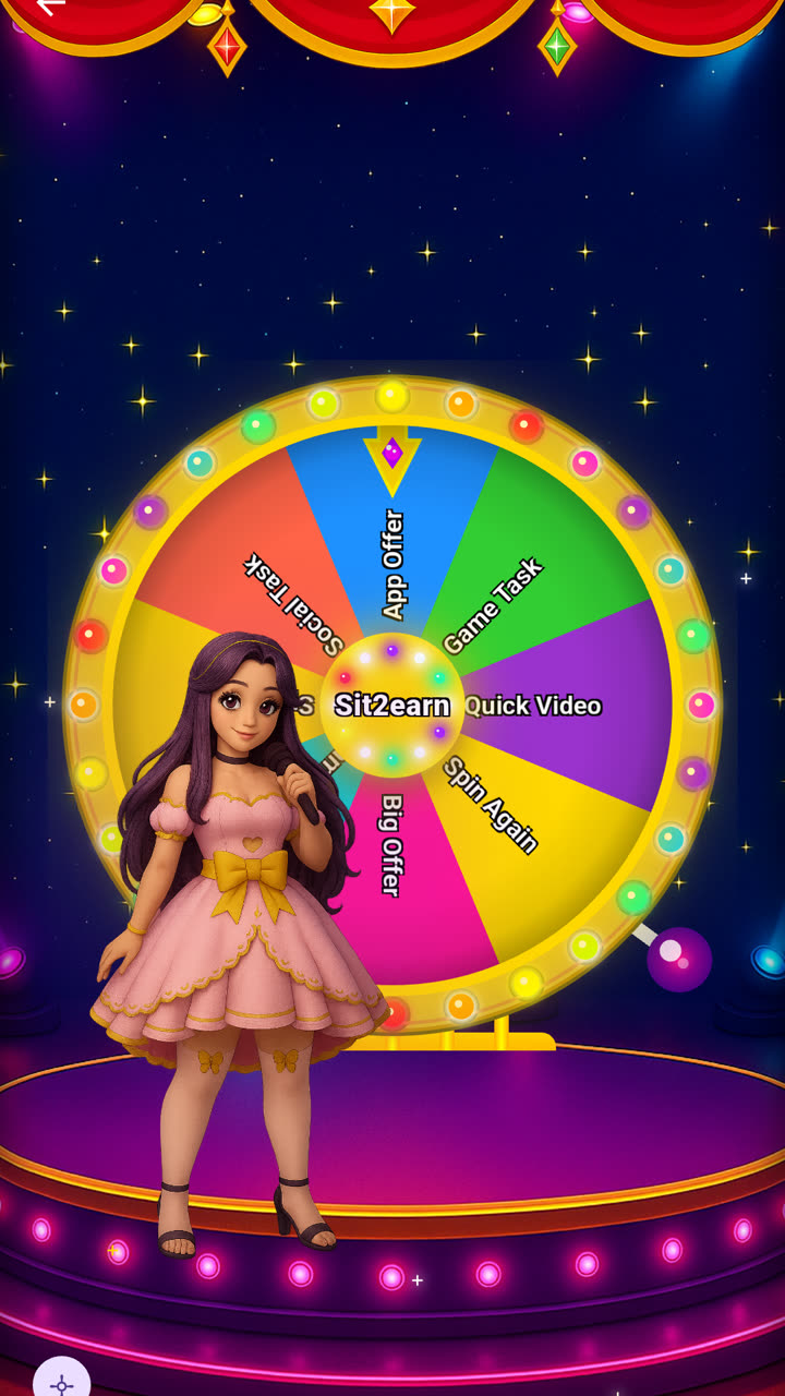 Sit2Earn app: Irela beside the reward wheel on a starry stage